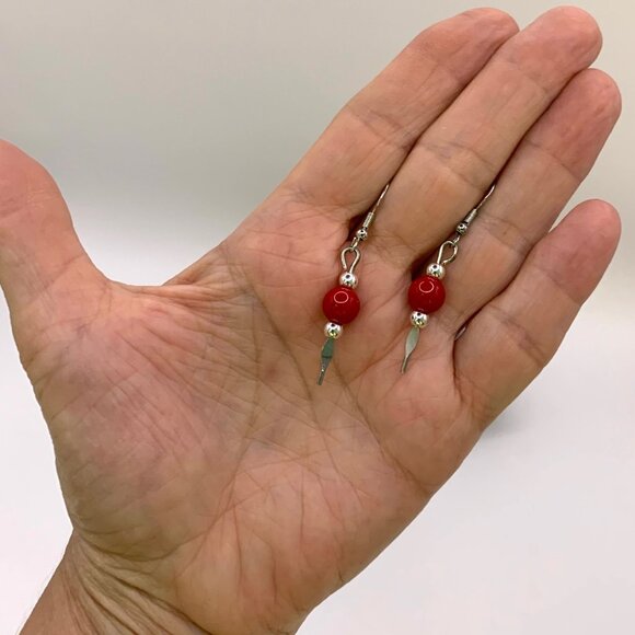 Red Coral Bead Dangle Handmade Pierced Earrings LR161 - Picture 5 of 5